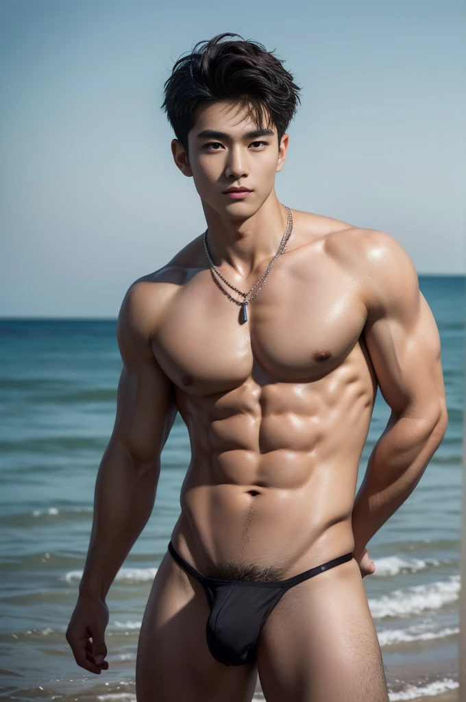 Don't close up, beach scenery, beach background, Full body photography, Crowded beach, very hot sunny day, Very micro red thong, Very hairy armpits, Very detailed finger, don't merge body, Very young Korean boy, teenager boy, (photorealistic, masterpiece, best quality), white pale skin, muscular man, hunk, charming, attractive, wearing necklace in his neck, completely naked , Realistic, fully naked, nude, perfect , male , modeling for a photoshoot, editorial style, handsome man, detailed face, Topless, shirtless,  boy, very young boy, Cinematic soft lighting illuminates a stunningly detailed and ultra-realistic handsome korean male supermodel, ultra messy curly hair, clear honey eyes, captivating perfect smile, sensual, hot man, insanely handsome, showing off his sweaty body, very sixpack muscular body build, slender, toned, full body, 8k, photography, masterpiece, detailed face, detailed eyes, detailed hands, in the crowded showing off his very bushy hairy armpits, only wearing very thin micro white thong with big hard dick print bulge, very wet body, very sweaty body,