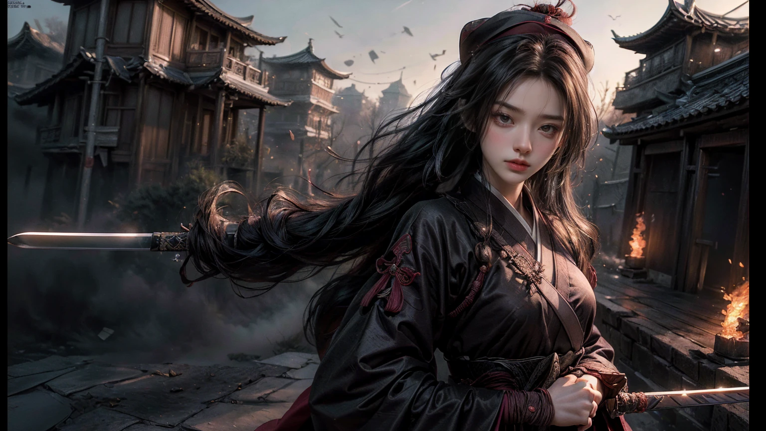((masterpiece, Top quality, high resolution, Reality, Raw, 8k wallpaper)), Hanfu female soldiers, Heroes of the Three Kingdoms, (Hold the bow in your left hand,Right hand holding a sword), She has long black hair tied back, Wearing armor,Wearing a purple official hat, Enemies all around,A burning city in the background,