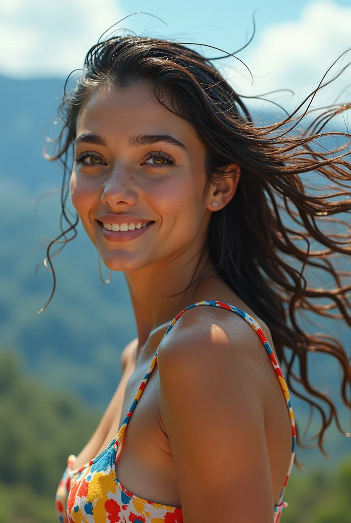 ((masterpiece)), ((Highest quality)),((Crisp body)), (Portrait of a beautiful girl), Eye for perfect detail, Face in perfect detail, Very elaborate nose, Open your mouth, Color shorts, Perfect Teeth, Exposing shoulders, Glamorous body, Perfect Face, Dimples on cheeks, Depth of written boundary, High resolution, ((Realistic skin texture)), (Well-proportioned hands), Thin lips, Random color hair, Floating multicolored hair, Narrow waist,Flexible legs,Wet body,Mountain Background