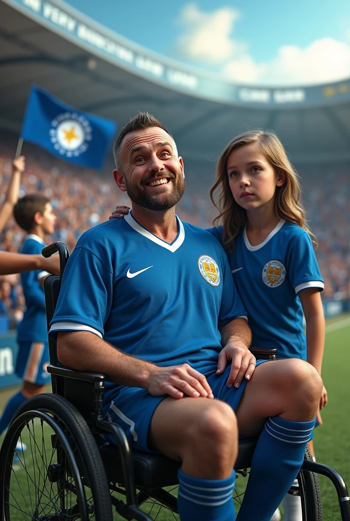 Full-body image, man, 2, thin body, sitting in a wheelchair, disabled, wearing a blue soccer uniform, passionate soccer fan.
Stadium background, crowd holding banners with his name, cheering, lively atmosphere.
Man with terminal cancer, happy, rooting for his soccer team, looking directly at the spectator.
Next to the man, his 1 daughter, dressed in blue, sad expression, aware of father's condition.
High definition, realistic, detailed accessories of a soccer fan 