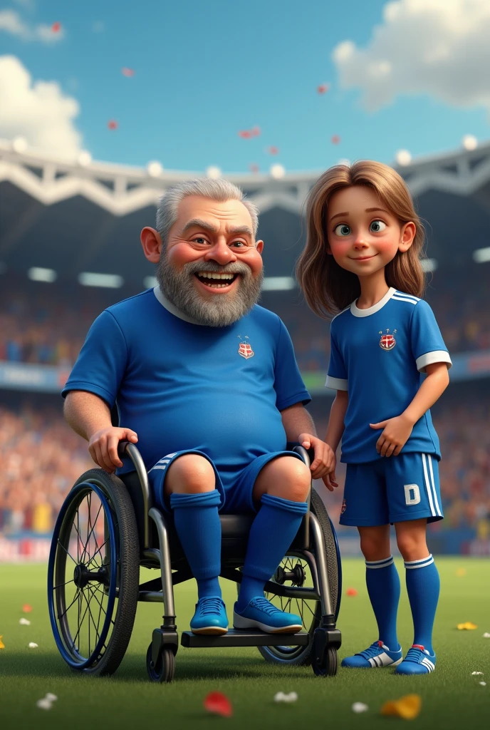 Full-body image, man, 2, thin body, sitting in a wheelchair, disabled, wearing a blue soccer uniform, passionate soccer fan.
Stadium background, crowd holding banners with his name, cheering, lively atmosphere.
Man with terminal cancer, happy, rooting for his soccer team, looking directly at the spectator.
Next to the man, his 1 daughter, dressed in blue, sad expression, aware of father's condition.
High definition, realistic, detailed accessories of a soccer fan 