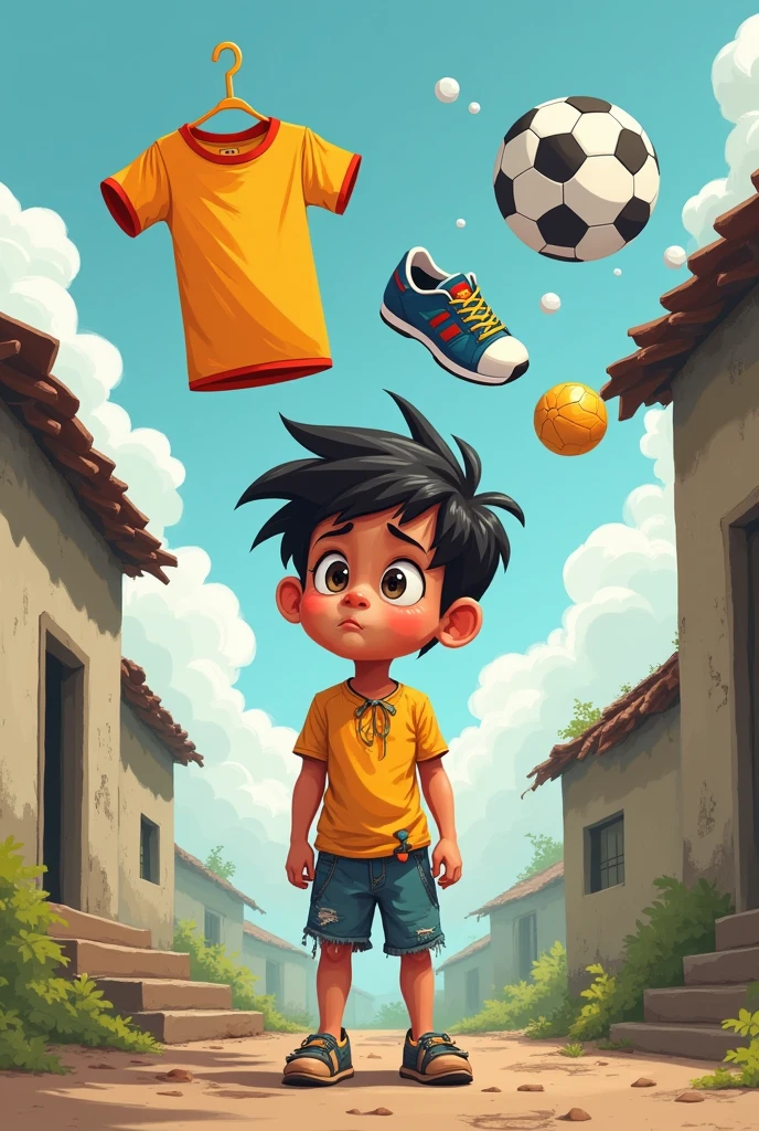 Cartoon of poor boy dreaming about t-shirt, shoes and soccer ball 