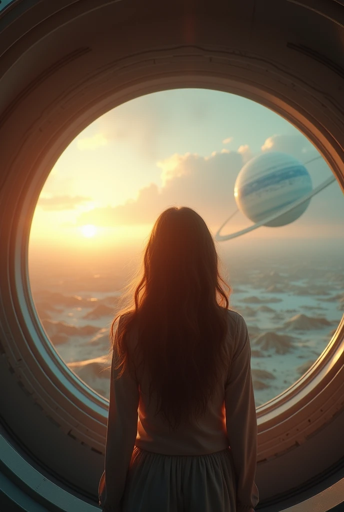 Cinematic 64 k portrait image, A girl inside speceship - from an alien space ship - she sees an ocean scene with an alien planet circling over a deserted area, glass windows, smile, in the style of vray tracing, golden light, carl zeiss distagon t* 15mm f/2.8 ze, plein air landscapes, cold and detached atmosphere, lively landscapes,high resolution , dark void background, brown long hair, front view