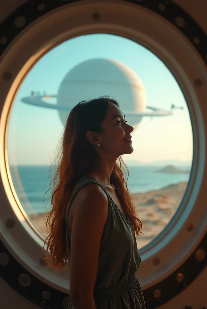 Cinematic ?? k portrait image, A girl inside speceship - from an alien space ship - she sees an ocean scene with an alien planet circling over a deserted area, glass windows, smile, in the style of vray tracing, golden light, carl zeiss distagon t* 15mm f/2.8 ze, plein air landscapes, cold and detached atmosphere, lively landscapes,high resolution , dark void background, brown long hair, front view