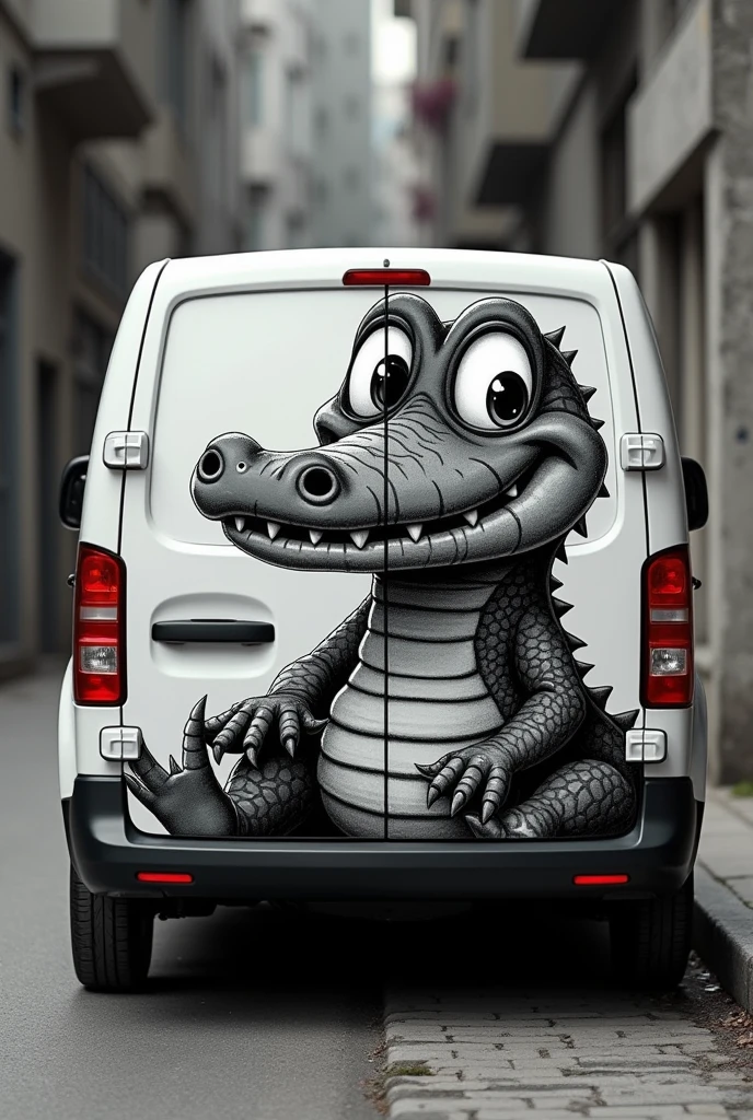 Print with a baby crocodile on a black and white vehicle