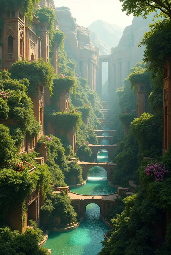 a highly detailed digital illustration of the hanging gardens of babylon, lush greenery, intricate architecture, flowing water features, blushing flowers, mist and fog, dramatic lighting, warm colors, cinematic composition, photorealistic, (best quality,8k,photorealistic:1.4),masterpiece,extremely detailed,professional artwork,concept art,stunning beauty,atmospheric