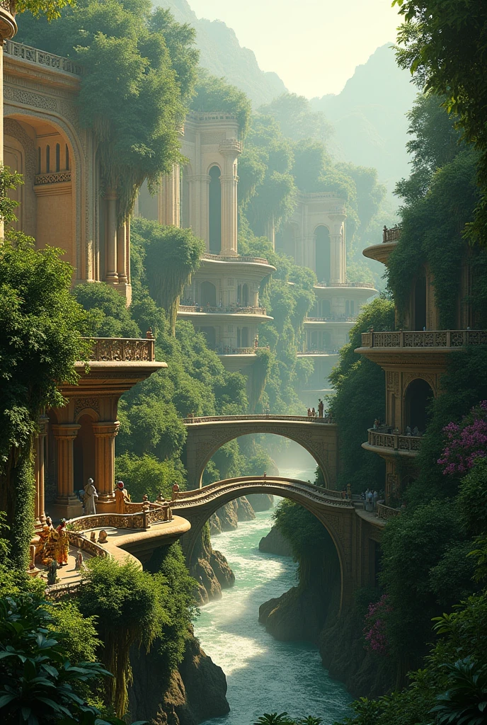 a highly detailed digital illustration of the hanging gardens of babylon, lush greenery, intricate architecture, flowing water features, blushing flowers, mist and fog, dramatic lighting, warm colors, cinematic composition, photorealistic, (best quality,8k,photorealistic:1.4),masterpiece,extremely detailed,professional artwork,concept art,stunning beauty,atmospheric