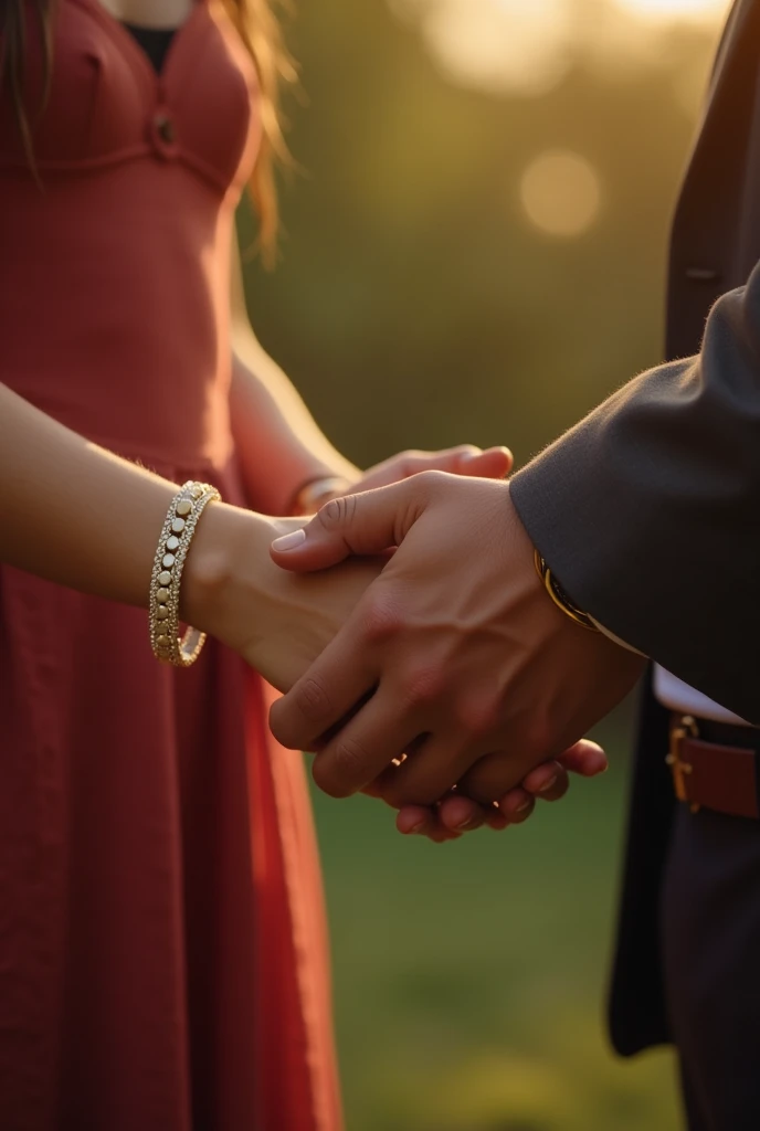A close-up of Riya’s wrist, showing the bracelet sparkling under the sunlight. Riya’s hand is held by Ajay’s, symbolizing their growing bond. The background is blurred, focusing on their hands and the bracelet.