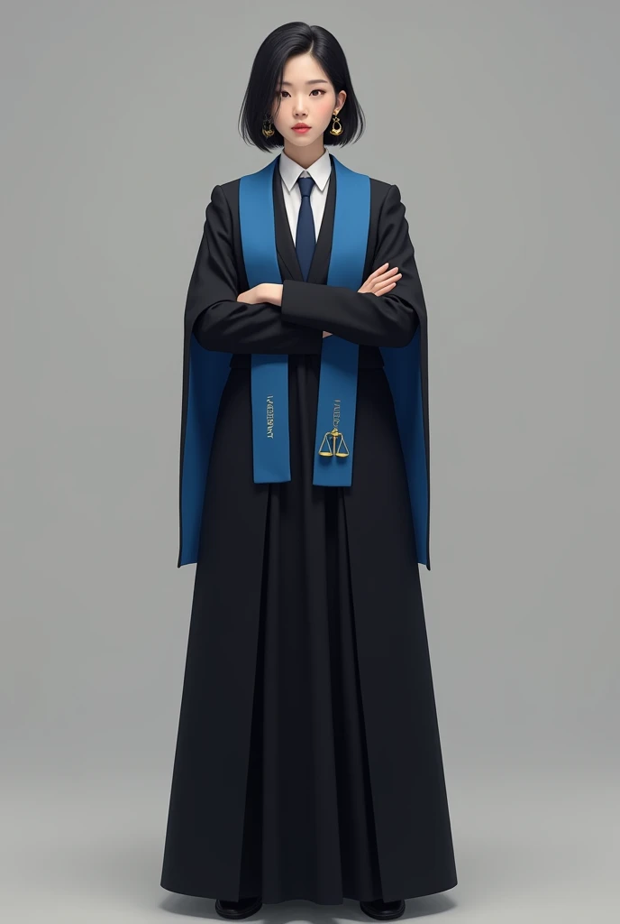 a tall, pale-skinned Korean woman Supreme Court Justice of South Korea, wearing a long black open toga, a long skirt, white dress shirt and a blue tie and long black high heels. She wears a blue sash around her neck and wears a blazer over the toga but without using the sleeves., giving an air of authority and dominance. She always has a serious expression and her arms crossed and her hair is short, straight, black, and halfway down her ear., She doesn't wear makeup and wears earrings shaped like the scales of justice..
