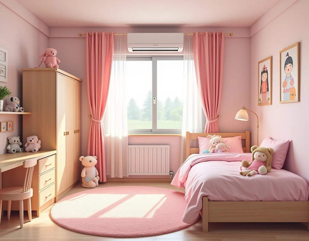 A modern apartment. Daughter bedroom design. Wide room. There is a twin size bed with some dolls. There is a small cupboard. There is a kid bookshelf. There is a desk. There is a play mat for kids. There are girl's toys. There is an air conditioner. There is a couch. Interior design. Modern cute pastel interior. Great lighting.
