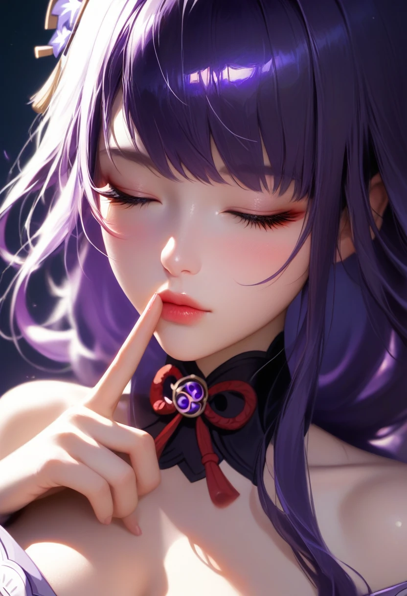 score_9, score_8_superior, score_7_superior, High-resolution images,masterpiece,Highest quality,girl,かわいいKissing Face,,Kissing Face, large breast ,Beautiful Skin,_Shogun_Genshin Impact, Purple long hair,One finger raised to his lips,Both eyes closed,Slouching