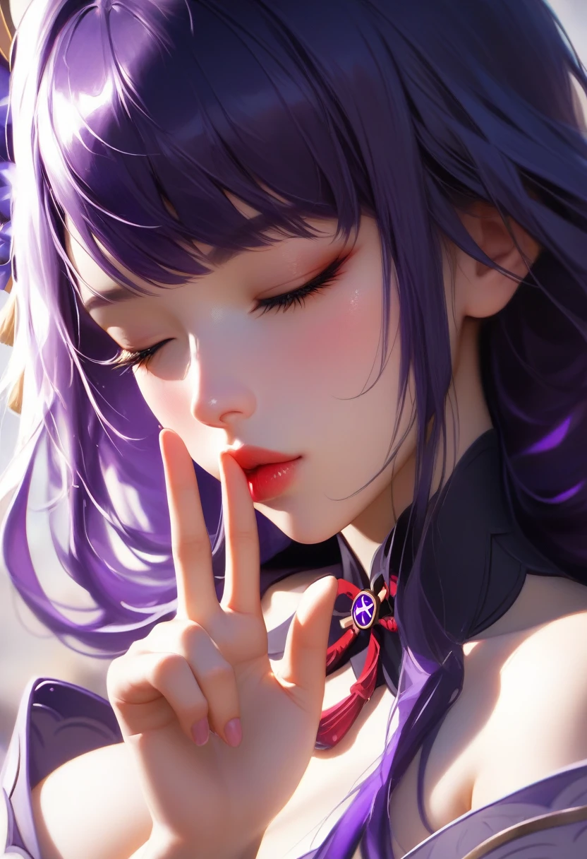 score_9, score_8_superior, score_7_superior, High-resolution images,masterpiece,Highest quality,girl,かわいいKissing Face,,Kissing Face, large breast ,Beautiful Skin,_Shogun_Genshin Impact, Purple long hair,One finger raised to his lips,Both eyes closed,Slouching