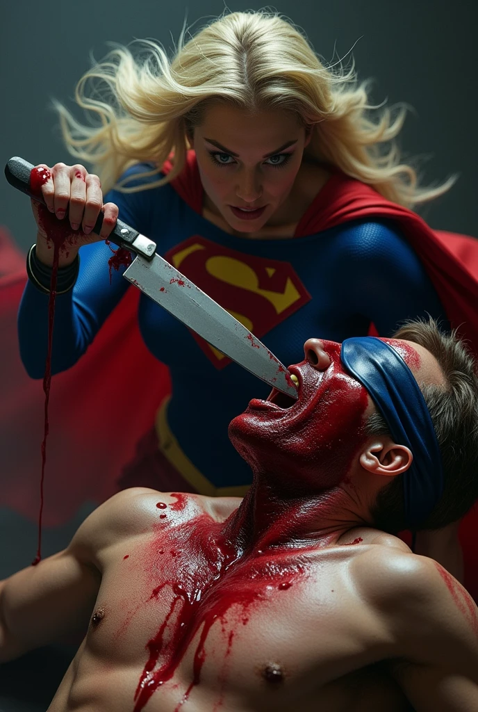Realistic, A beautiful supergirl knife, cut throat A man blindfold neck bloody splash, full body, wide open throat, throat contents