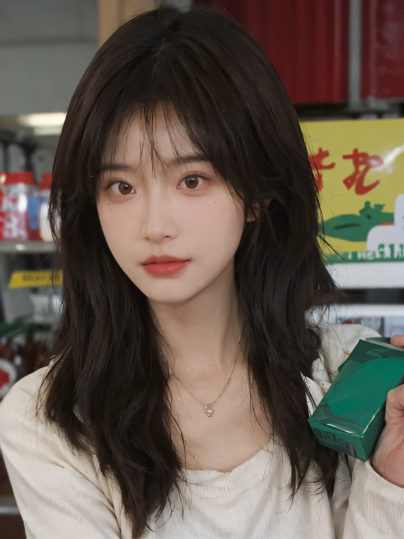 Best quality,Ultra-high resolution,(Realism:1.4),Cute hairpins,Baoyu Girl,1 Girl,Red short sweater,Beautiful woman with a slim figure:1.4,Abdominal muscles:1.1,(Brown hair,Mid-chest:1.3),supermarket,Super delicate face,Exquisite eyes,Double eyelids,make faces,necklace