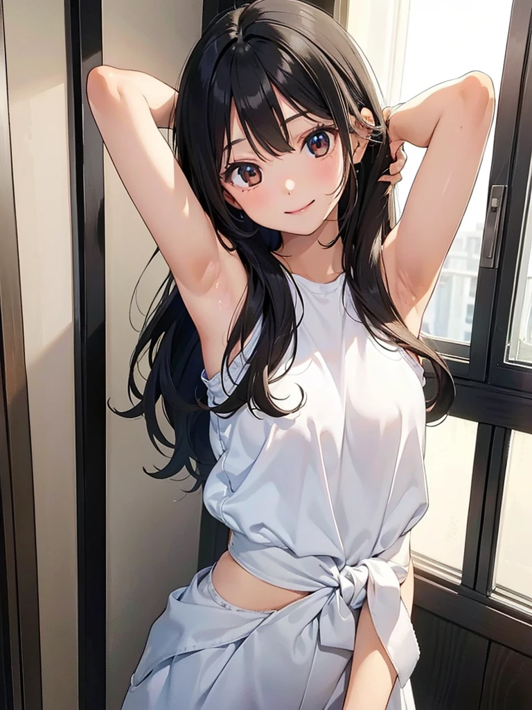 Girl, cute, adorable, smiling, straight hair, long hair, black hair, standing, (right arm up behind:1.2), (shows armpit:1.2), (left arm Lower waist:1.2), Swayback stance, looking at the camera, From the front, from thighs to head, my room, daylight, bra top