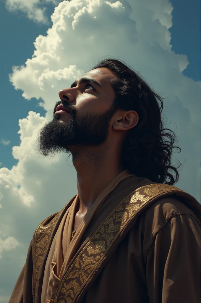 Evangelista with dark skin and the sky in the background
