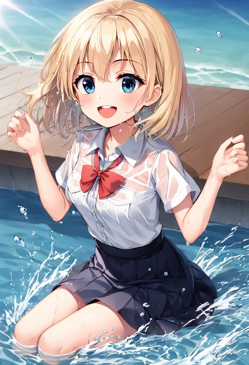 (8k, Highest quality, masterpiece: 1.2),Ultra-high resolution, 1 person, cute, solo,Highly detailed face, JK, uniform, blouse, ribbon, Box Skirt, navy blue, Slightly longer, Blonde, Blue Eyes, Ocean, Wavy, Soaking wet, splash, Water splashing, Water Play, Flooding, Childlike, The best smile, Date, Excited