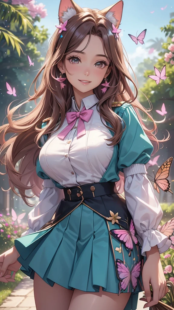 (best quality,4k,8k,highres,masterpiece:1.2),ultra-detailed,(realistic,photorealistic,photo-realistic:1.37),acrylic painting,beautiful Brazilian model in a uniform outfit with downy hair,beautiful Brazilian model with extremely colorful brown hair and detailed facial features,beautiful Brazilian model standing in a beautiful garden sakura flowers, long hair,cat ears, hair bows, glitter sparkling uniform skirt outfits, smile, happy face,light brownhair,butterflies, brown eyes, mature woman, older woman, 30 year old, adult woman. Older lady, posing,Solo, teal and pink butterflies, close up, teal and pink
