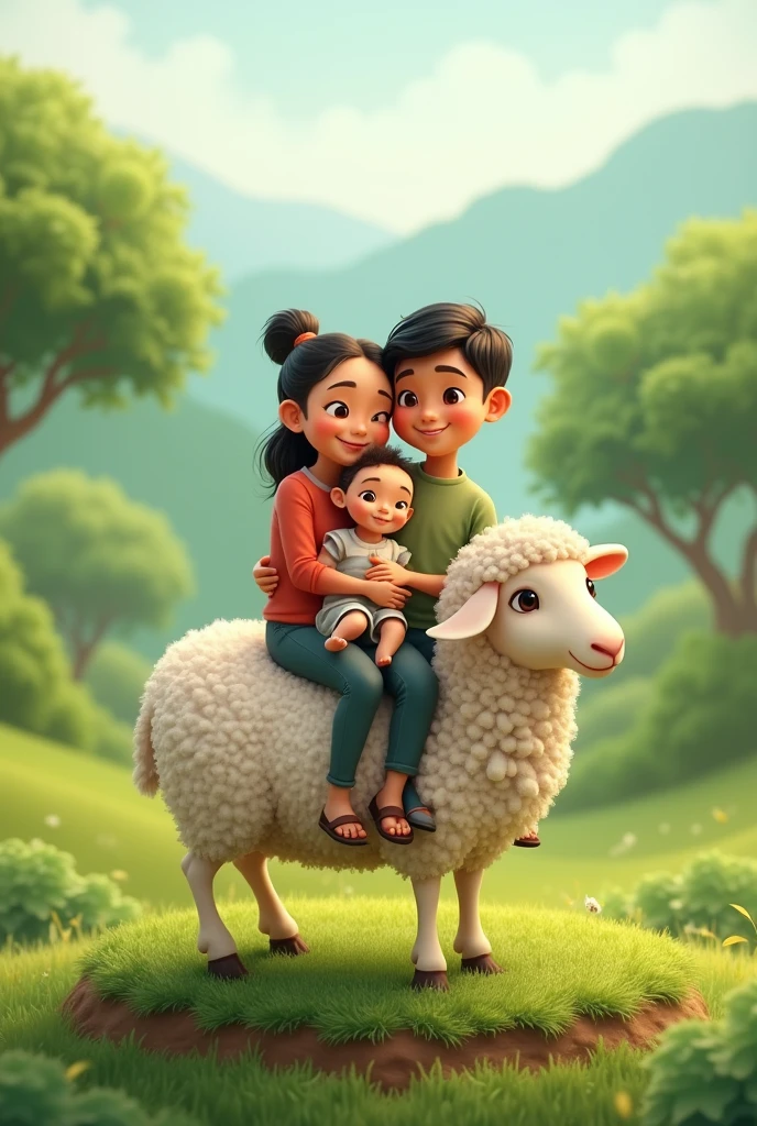 Parents and riding a sheep. Shades of green. transparent background. The sheep is standing on a circle of grass and there is soil underneath it.. Photo of parents and babyonesian race. original human