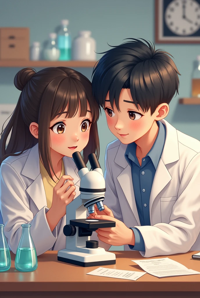 Give me a picture of a boy helping a girl using their microscope and wearing their lab coat cute picture  highschool students  make it look like teens make the hair of a boy like korean hair 2 by 2 they look like kids make it kinda older 20 yrs old not anime , boy to boy
