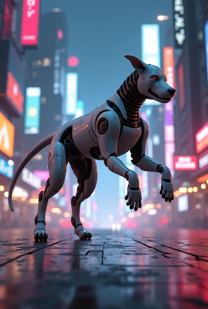 A dog robot in white armor and fighting with iron man in city night nad blew neno lights and fly just 1 meter and atack the dog iron man 