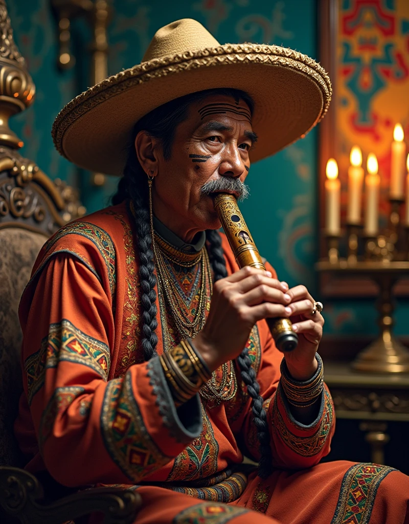 painting of a man with a Mexican hat playing a pan flute, macuahuitl, quechua!!, room, musician, in the artistic style of quetzecoatl, Colchis painting, work of Pedro Campana, Portrait of a digital shaman, traditional, Detailed portrait, ayahuasca shaman, by Arturo Rivera