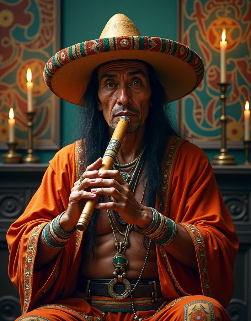 painting of a man with a Mexican hat playing a pan flute, macuahuitl, quechua!!, room, musician, in the artistic style of quetzecoatl, Colchis painting, work of Pedro Campana, Portrait of a digital shaman, traditional, Detailed portrait, ayahuasca shaman, by Arturo Rivera