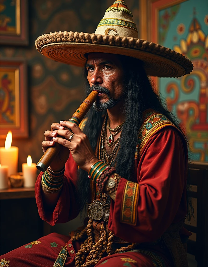 painting of a man with a Mexican hat playing a pan flute, macuahuitl, quechua!!, room, musician, in the artistic style of quetzecoatl, Colchis painting, work of Pedro Campana, Portrait of a digital shaman, traditional, Detailed portrait, ayahuasca shaman, by Arturo Rivera