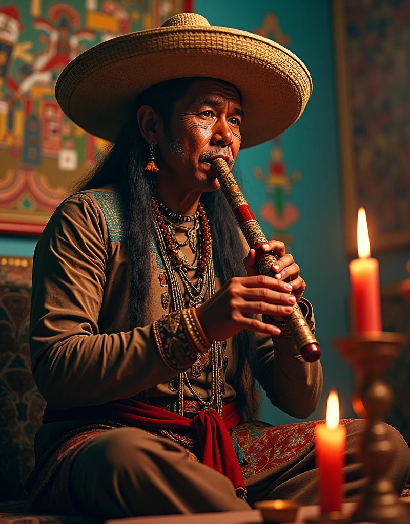 painting of a man with a Mexican hat playing a pan flute, macuahuitl, quechua!!, room, musician, in the artistic style of quetzecoatl, Colchis painting, work of Pedro Campana, Portrait of a digital shaman, traditional, Detailed portrait, ayahuasca shaman, by Arturo Rivera