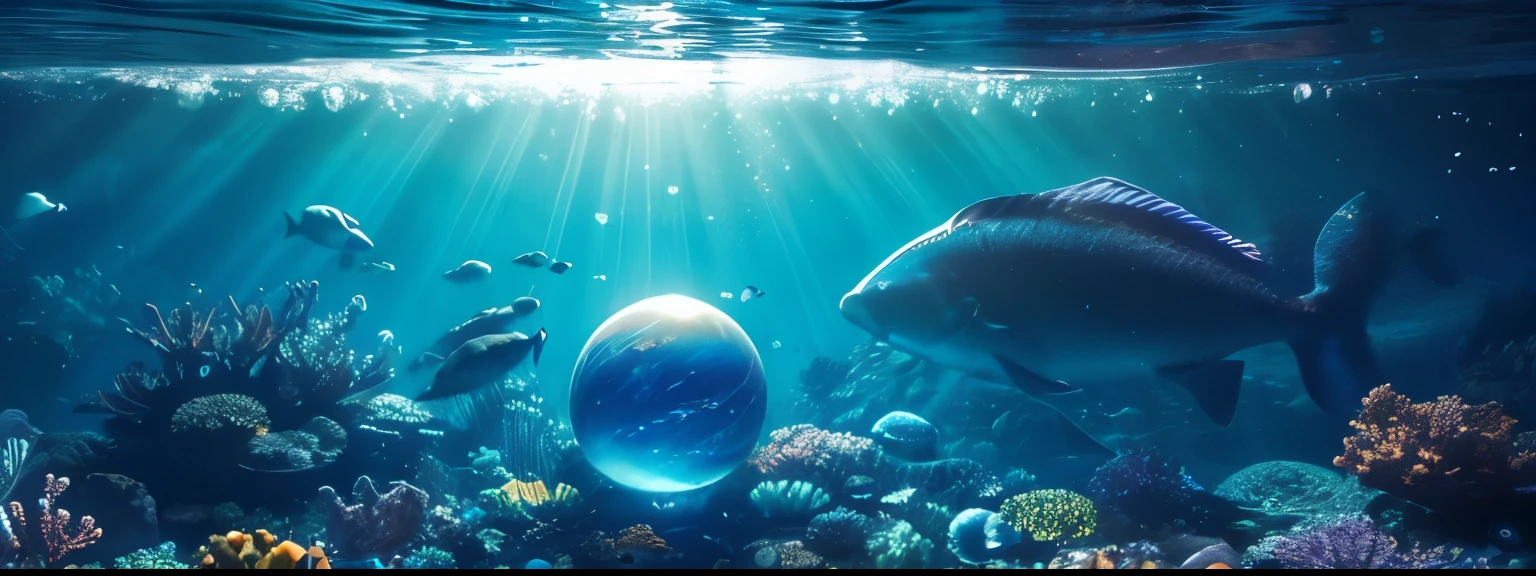 a mystical underwater scene, a glowing sphere on The ocean is full of life floor, space inside the sphere, highly detailed 3D, hyper realistic, cinematic lighting, vibrant colors, serene ocean, photorealistic, award winning, masterpiece
