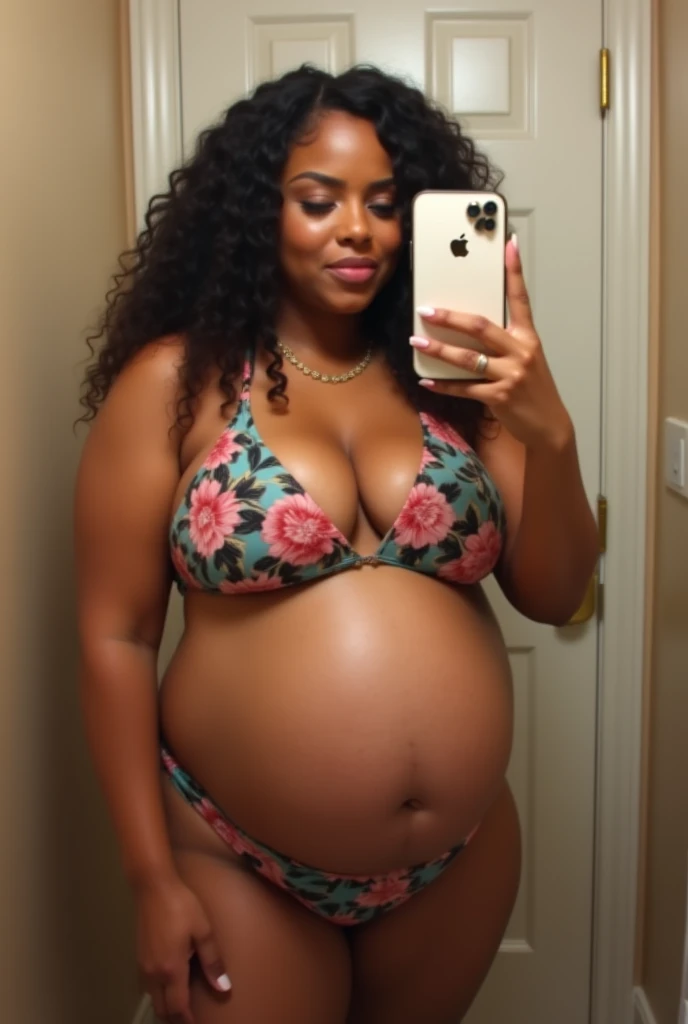 Pov angle fisheye view camera when Cardi B's fat plus size mother is 9 months 39 weeks pregnant taking a selfie wearing a bikini and holding an iPhone 11 in front of the bathroom mirror with a big belly. HD, cinematic, 25k, ultra detail, high shapering, masterpiece, fujifilm