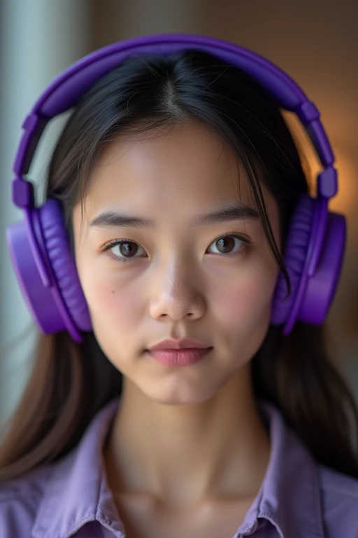 Close-up of a pair of purple-colored headphones on a girl's head, front view from a slight angle to the right and above, ƒ/5.0, headphones,