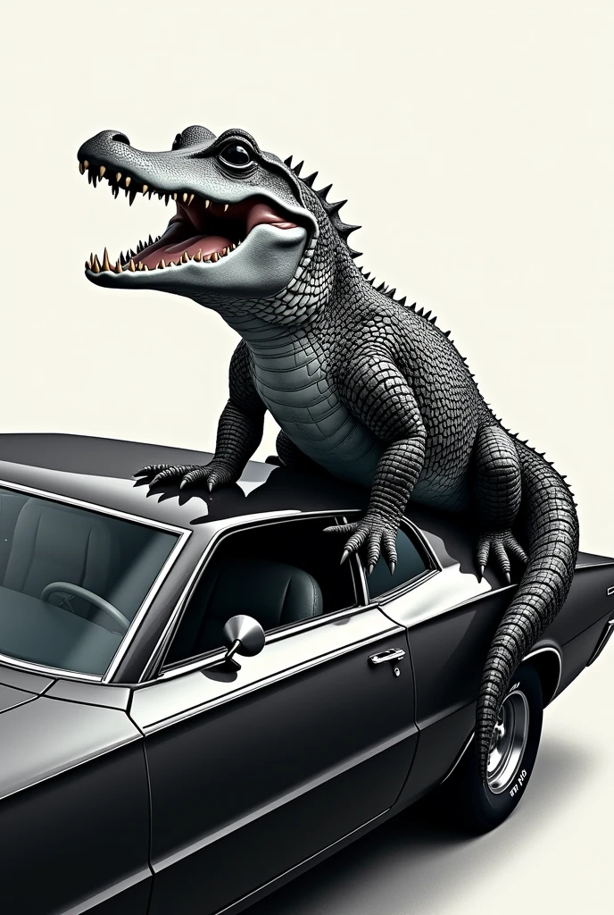 Print with a baby crocodile on a black and white vehicle for screen printing