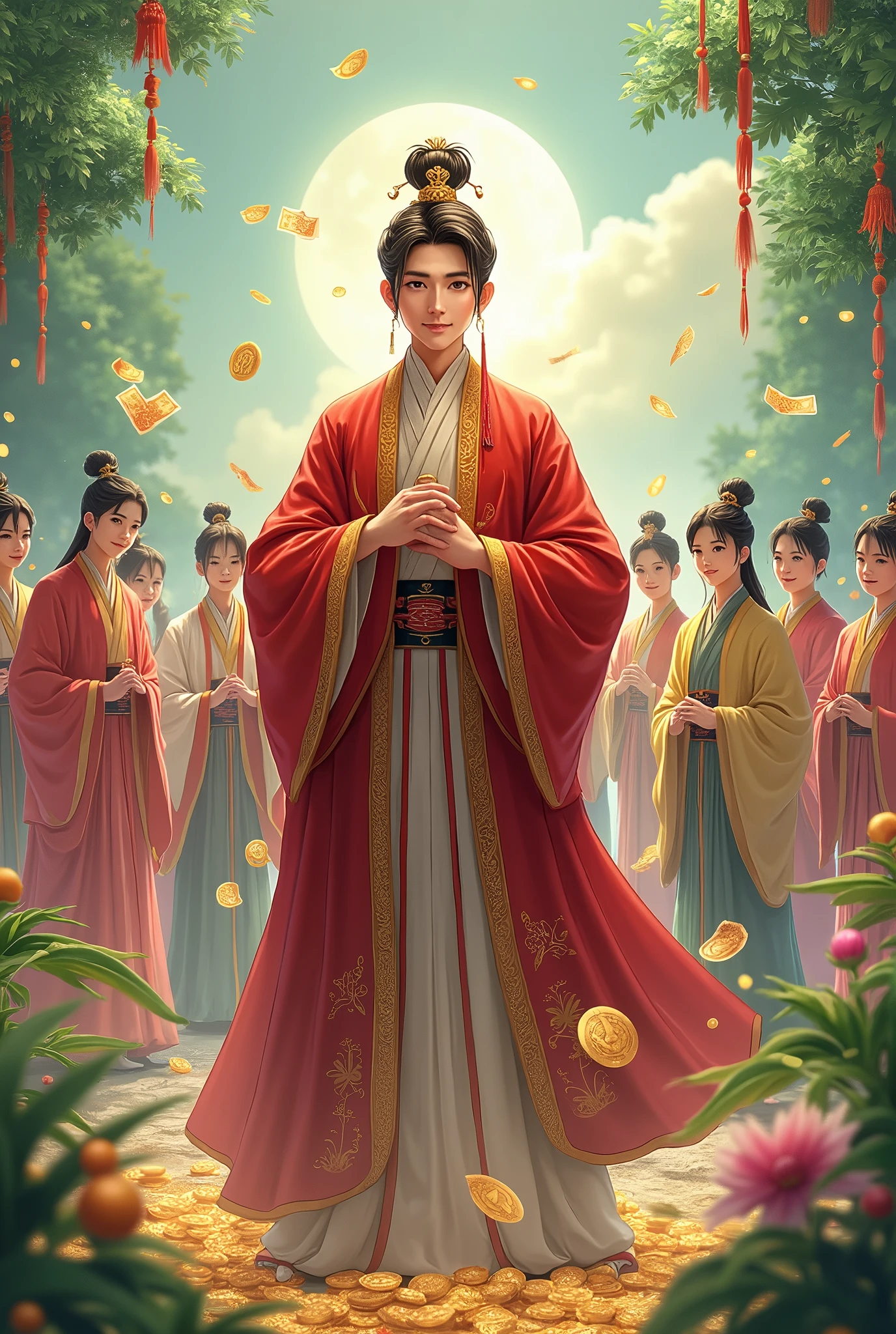 Chinese anime boy, a young man with a clear face and a playful style, wearing ancient Chinese clothing like a fairy. He is the head of a great sect and is rich in money. He stands in front and his disciples surround him. Many of his disciples also wear ancient Chinese clothing in different colors. Colorful, looks rich in money. Spirit grass and valuable alchemy ingredients. Money overflowing. Young boy, teenager young