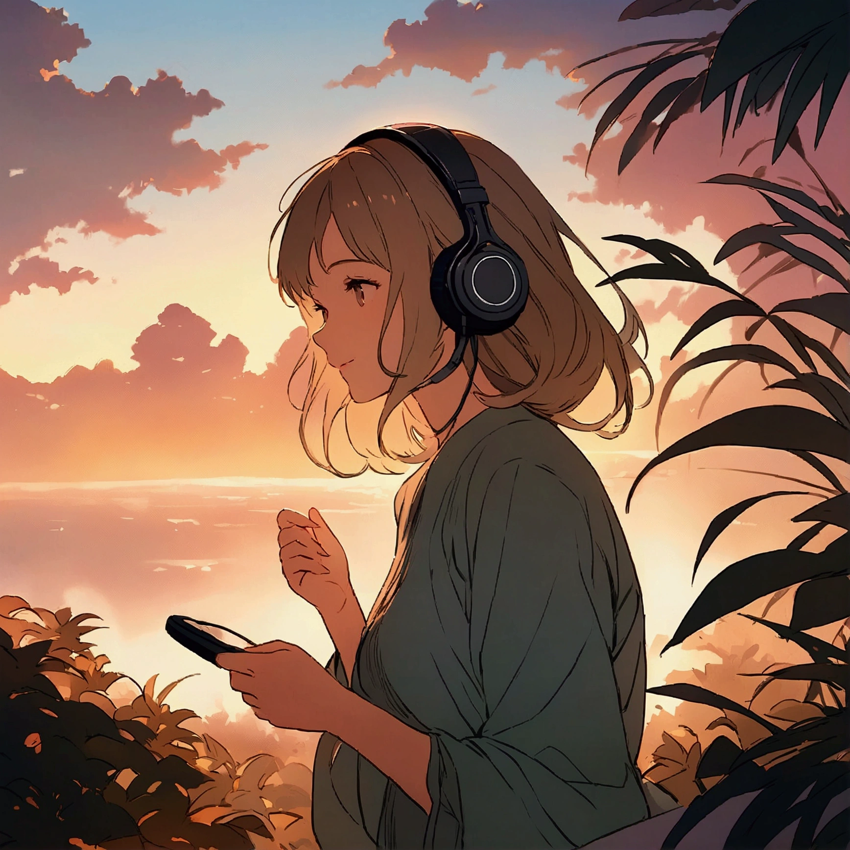 For the image, You could also feature a stylized illustration or a photo of a girl enjoying music., Put on your headphones, Soft lighting and a tranquil outdoor atmosphere、Surrounded by a calm atmosphere.