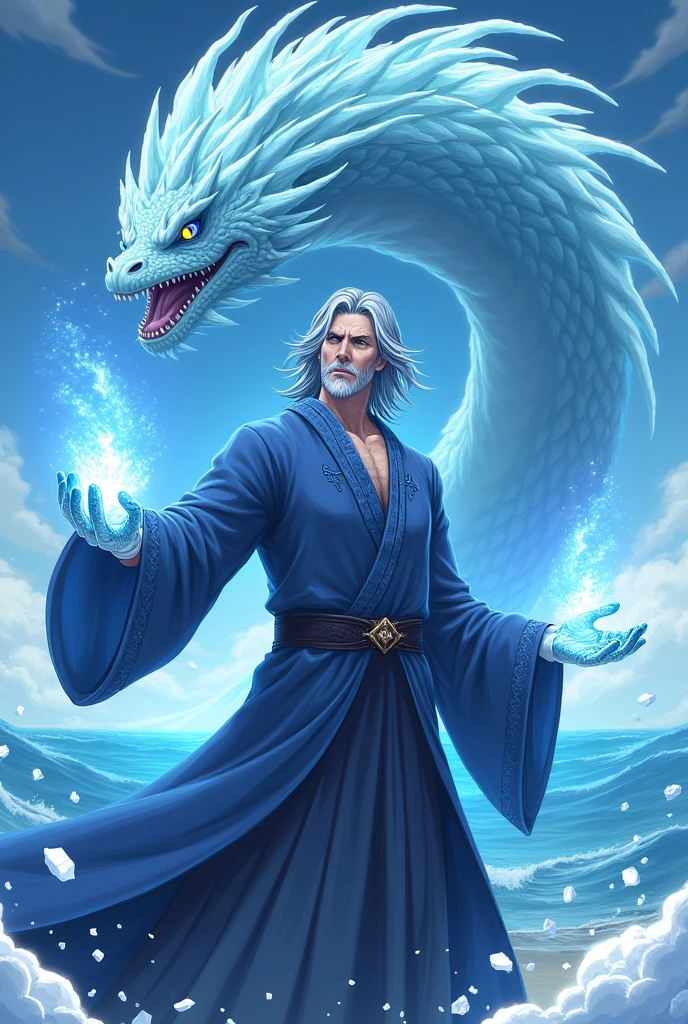 Anime. Homme 30 ans, cheveux mi-long bleu-gris, en robe de magicien de couleur bleu avec des coutures cyan, ne souris pas, pas de barbe. De son écart émane de la magie de glace. Vue de face. Derrière lui est un immense serpent marin semblant composé d'eau et émergeant de la mer Léviathan. Mer en arrière-plan. Mains correcte avec 1 pouce et 4 autres doigts.