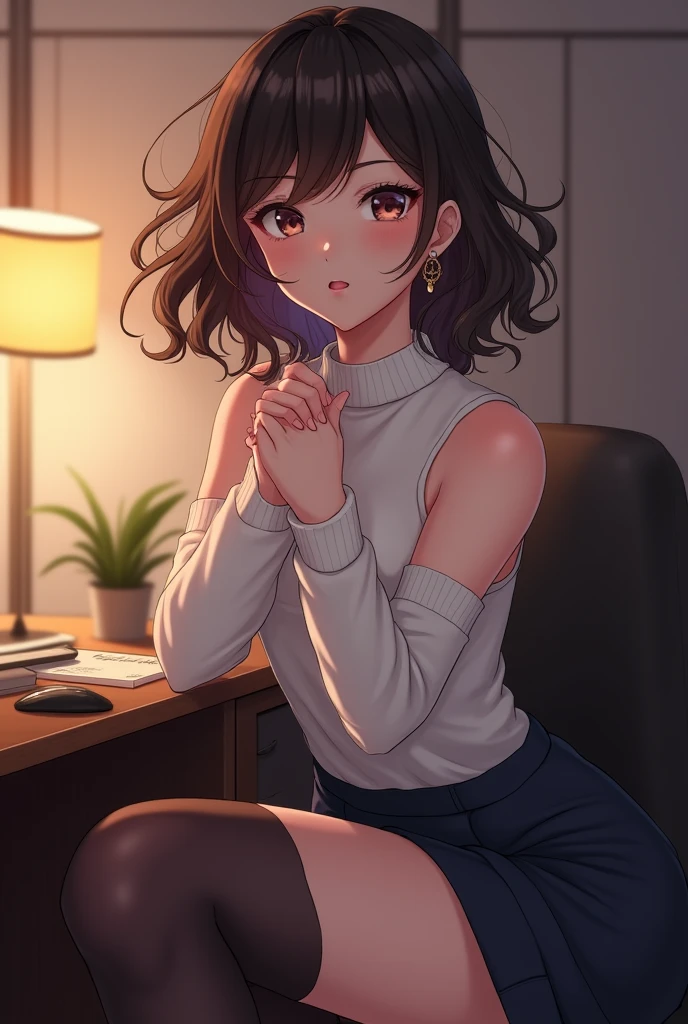 (mesa, of the highest quality, High resolution, , pixel perfect, 4k,), 1 girl, single, alone, beautiful woman、I could see the whole body、 ((medium wavy hair, hits, Brown hair)), ((Brown eyes, Beautiful eyelashes, realist eyes)), ((detailed face, blush:1.2)), ((Smooth texture:0.75, realist texture:0.65, realist:1.1, cg anime style)), medium breasts, dynamic angle, perfect body, ((, teacher, , earrings、collar、White sleeveless turtleneck sweater、Tight skirt、black knee high stockings、open both legs wide、get on your knees、shy smile)), superior grade、、、evening、sit at the desk、Bring your arms together to emphasize your chest.、Tuck the collar in between your chest、(、()、angle from below)、