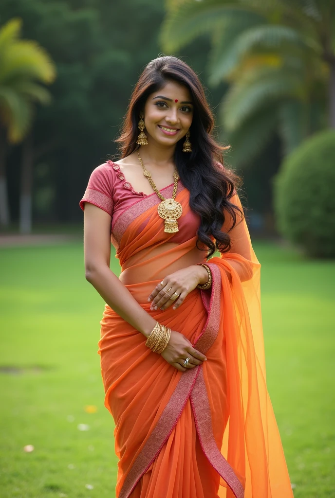 perfect Indian sexy wife with folded net saree, HDR, 8k, hyper detailed, best quality, ultra-high resolution, HDR, 8k, walking on the lawn , look at viewer, waist level view, bright smile, wearing gold ornaments, casual pose , average body with 36 D size breasts,28 hip size and 36 waist size, topless