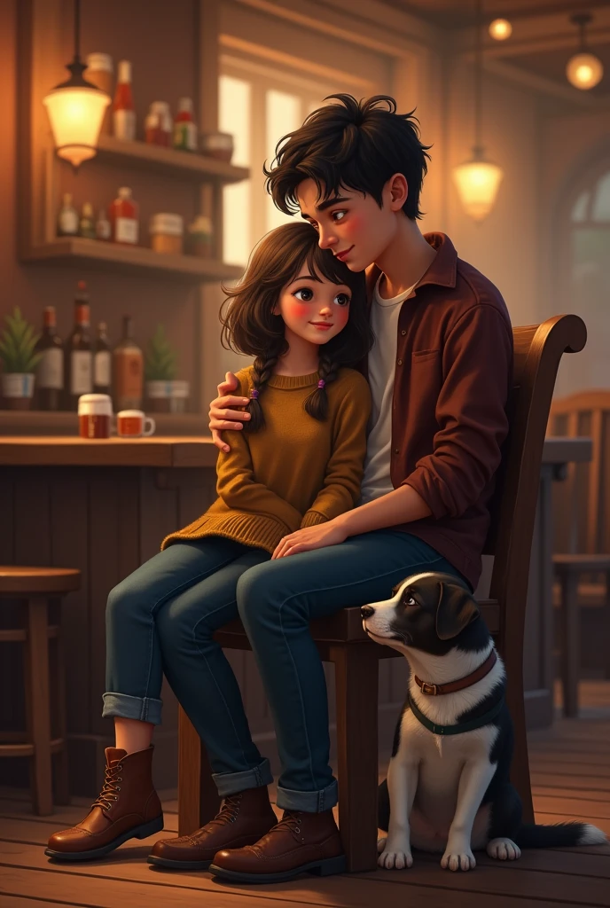 Couple were girl sitting on pub chair and boy standing by holding her and dog sitting near them. Need pictures for drawing .