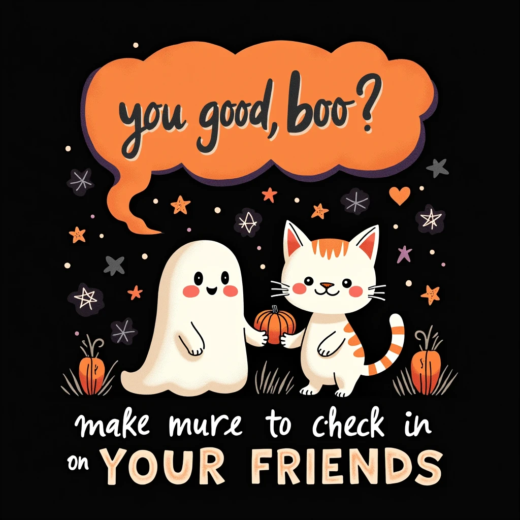 black background,whimsical Halloween-themed, aesthetic from the 60s illustration featuring two adorable cartoon characters dressed as a ghost and a cat, with friendly and approachable expressions. Position the phrase 'YOU GOOD, BOO?' in bubble-like font with a hand-drawn distressed texture at the top, using bright orange. Below the characters, include text 'Make sure to check in on your friends' in a smaller, straightforward font in mix white,orange,beige,purple. Add a checkered pattern behind the characters to add a retro vibe, set against a black background to make the colors and characters pop. Ensure the overall design is light-hearted yet impactful, balancing the Halloween theme with a gentle mental health awareness message