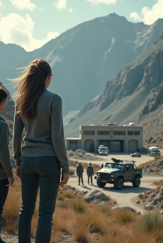 Two scientists, a woman with loose hair and a man. They are on a mountain overlooking a secret base . With three guards outside and three military vehicles parked. And a mountainous background can be seen. Que la mujer tenga un suéter gris y un pantalón oscuro