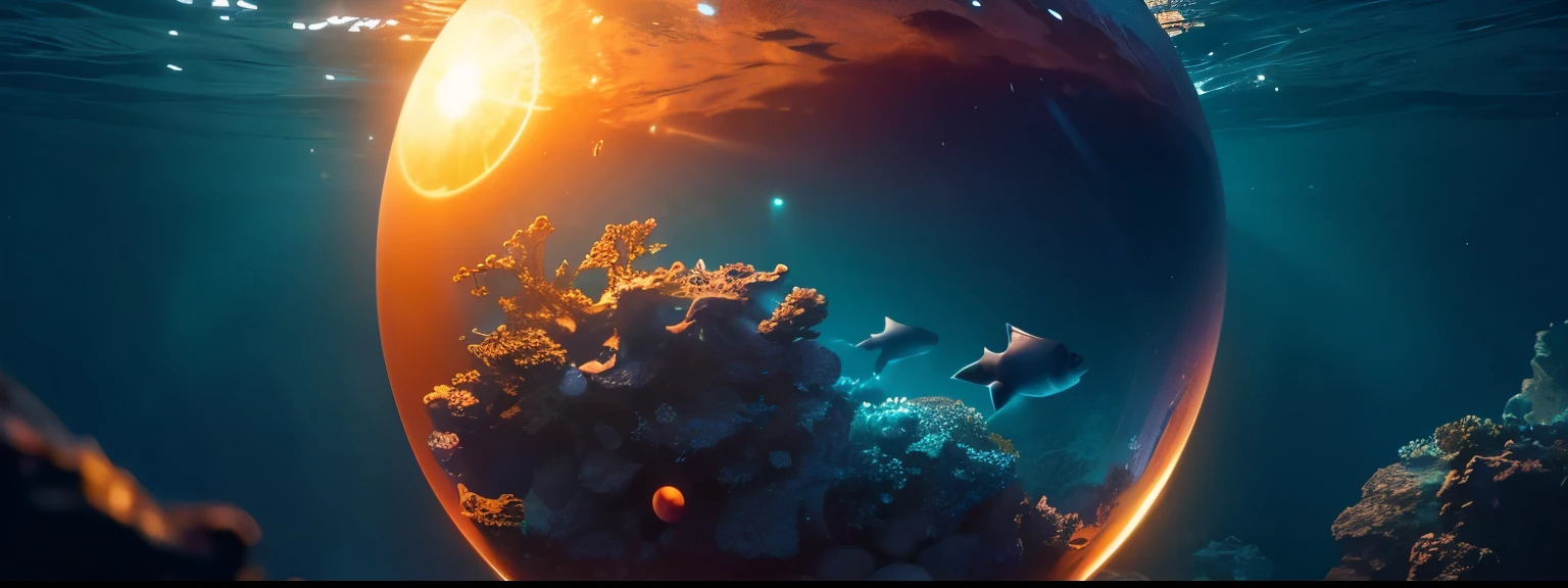 a mystical underwater scene, a glowing sphere on The ocean is full of life floor, space inside the sphere, highly detailed 3D, hyper realistic, cinematic lighting, vibrant colors, serene ocean, photorealistic, award winning, masterpiece
