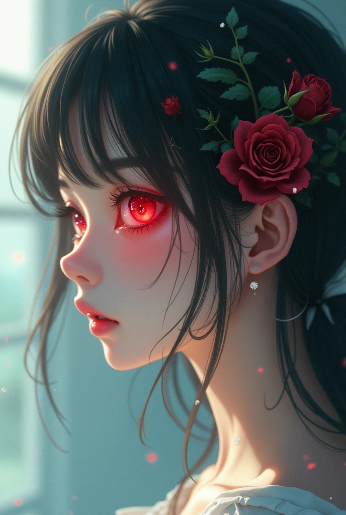 Anime girl with a rose growing out of her left eye