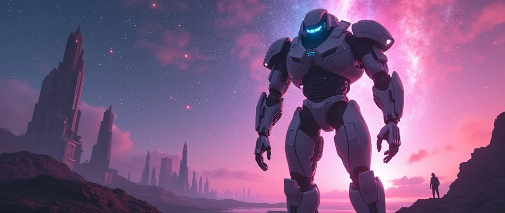(Futuristic sci-fi scene, cyborg(doom suit) facing upward towards the vast sky, gazing into the mesmerizing (cosmos), (beautiful galaxy), with (vibrant neon colors) illuminating the surroundings. In the backdrop, towering structures of modern (architecture) and advanced (buildings) characterize a futuristic Earth, all amidst the stunning backdrop of stars and cosmic wonder. (High quality), (ultra-detailed), visually captivating.