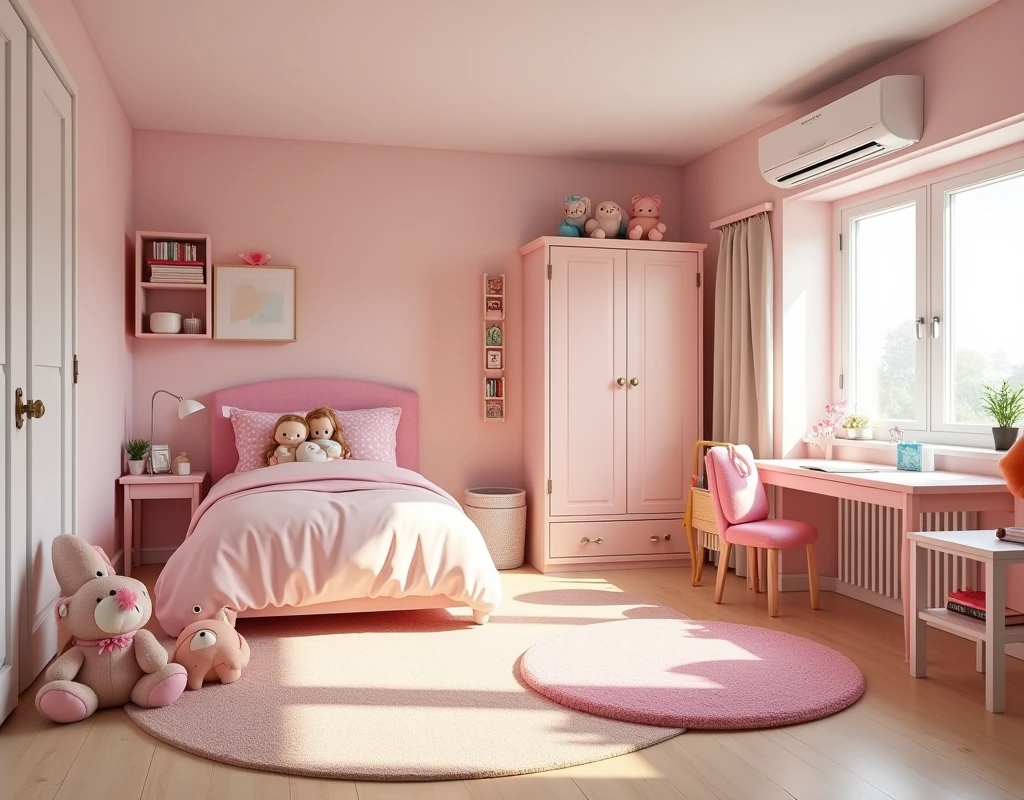 A modern apartment. Daughter bedroom design. Wide room. There is a twin size bed with some dolls. There is a small cupboard. There is a kid bookshelf. There is a desk. There is a play mat for kids. There are girl's toys. There is an air conditioner. There is a couch. Interior design. Modern cute pastel interior. Great lighting.