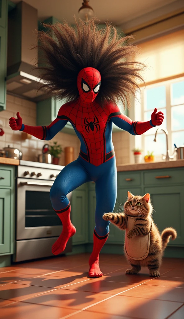 Spiderman big hair dancing in kitchen with Cute fat cat wear cooking (hyper realistic)