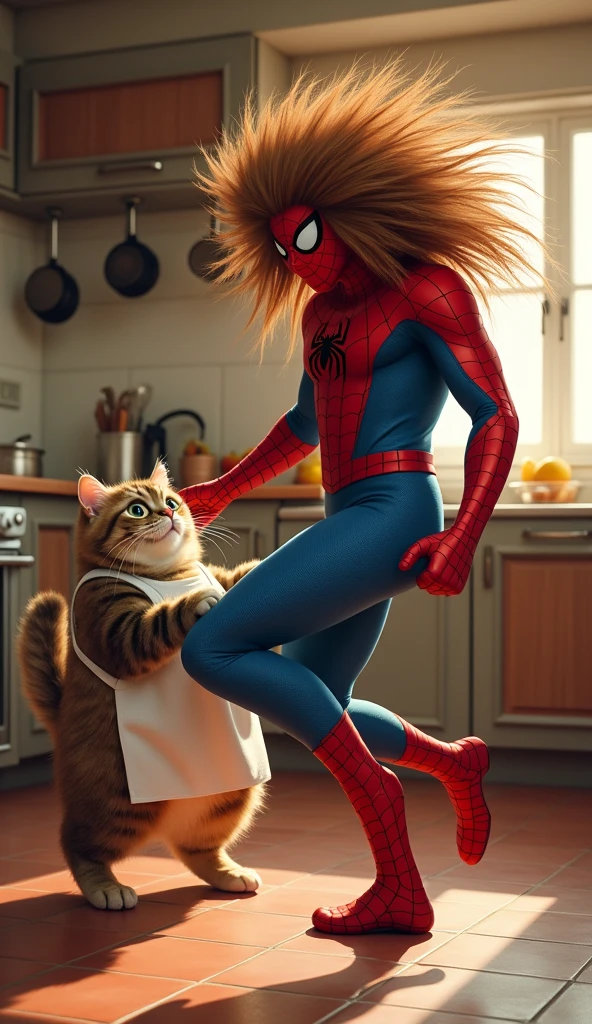 Spiderman big hair dancing in kitchen with Cute fat cat wear cooking (hyper realistic)
