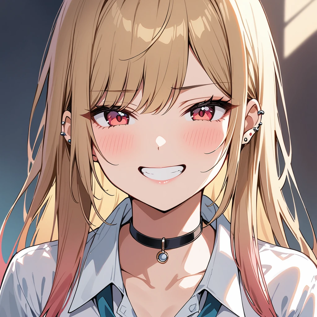 (masterpiece, Highest quality, inery aesthetic, Very detailed), Intricate details, One Girl, Kitagawa Marine, sono bisque doll wa koi wo suru, blonde, Red eyes, ear piercing, Barbell Piercing, Black choker, Collared shirt, White shirt, Earrings, Blue tie, Grin, in, looking at iniewer, Upper Body, 自分の胸を両手in持ち上げる