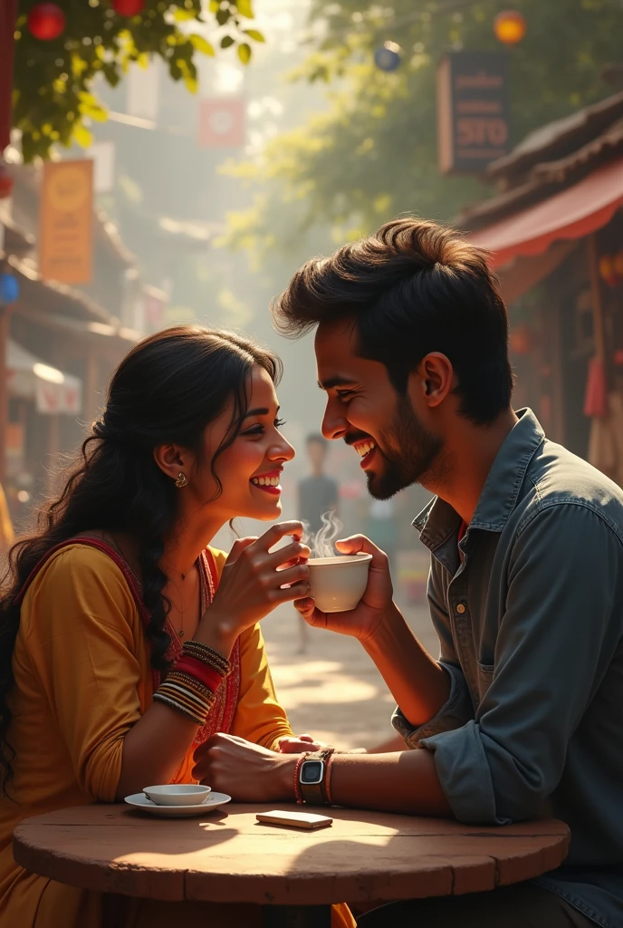 Ajay and Riya sharing multiple moments: laughing, talking, and enjoying their time together at the tea stall. The images blur together, symbolizing the passage of time and deepening of their love.