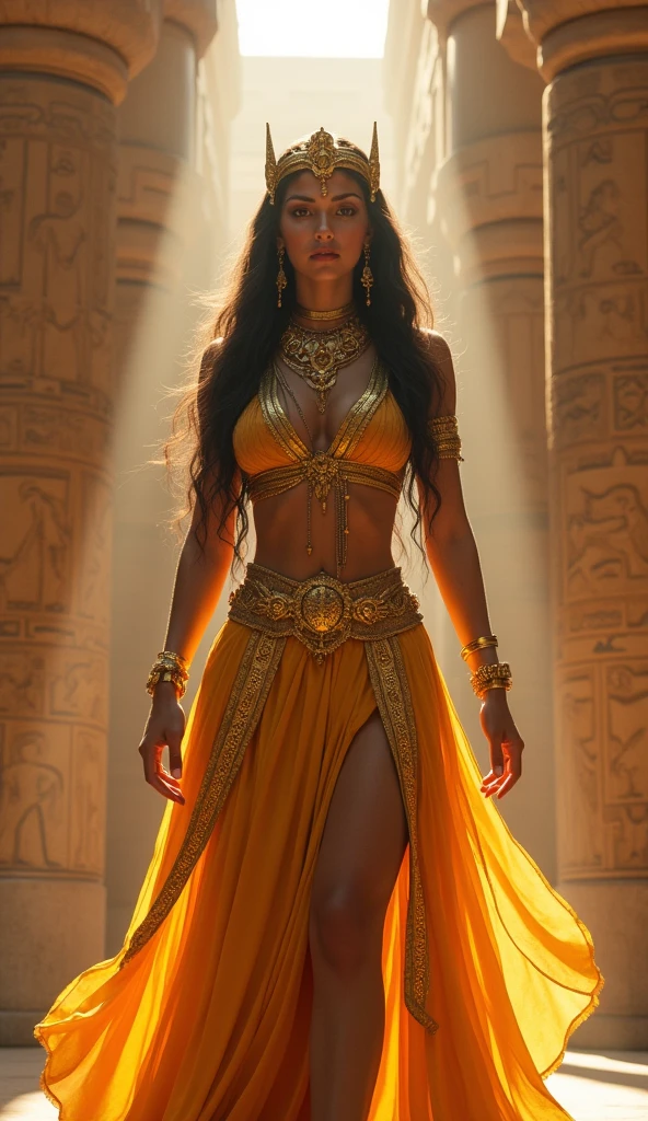 Create an ultra-realistic image of Inanna, the ancient Mesopotamian goddess of love, fertility, and war. She should be depicted as a powerful and regal figure, with intricate, golden jewelry adorning her body, including a crown, bracelets, and layered necklaces. Her gown is richly detailed, with flowing fabric that glimmers under soft, divine light. Inanna’s expression is a blend of grace and determination, with piercing eyes that convey both compassion and strength. She stands in a grand temple, with ancient Sumerian carvings and towering columns behind her, while a faint aura of divine energy surrounds her, highlighting her status as a goddess